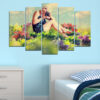 Five separate canvas panels form a woman's portrait rendered in vibrant collage style