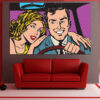 A pop art portrait of a woman behind the wheel, rendered in bold comic-book style with high-contrast colors and graphic linework