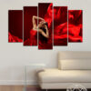A woman in a flowing dark red dress with Ottoman-inspired design, captured across five panels