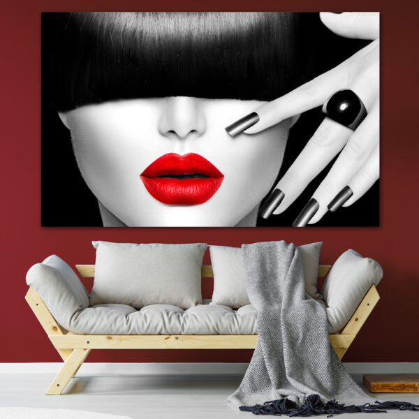 Black & White Portrait with Red Lips Canvas Print