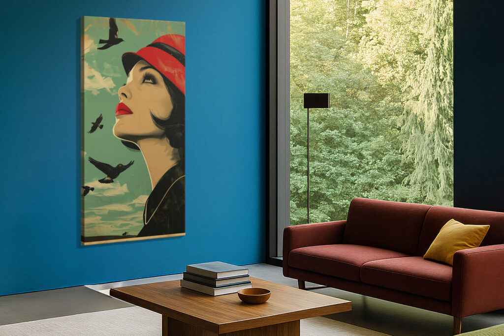 Canvas print seen at an angle on a blue wall, surface and wrapped edge visible