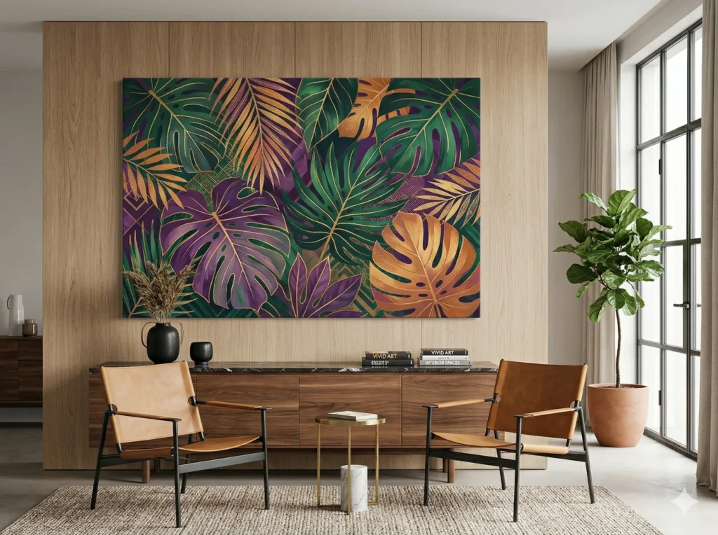 Large landscape canvas print above a sideboard in a modern living room