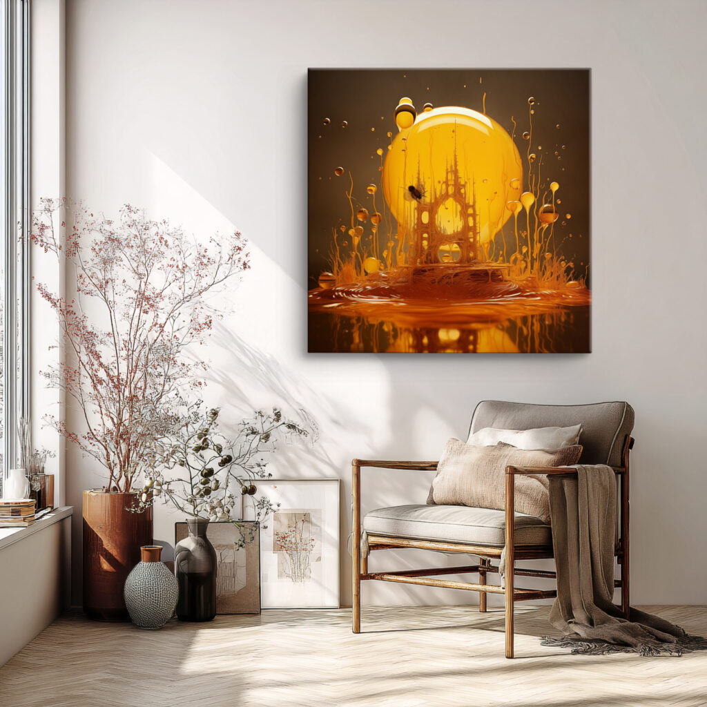 Canvas print hanging on a wall next to framed prints leaning on the floor