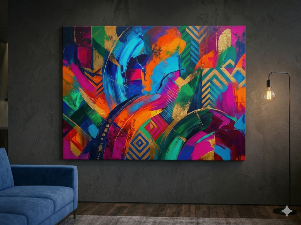 Wide canvas print filling a dark feature wall above a blue sofa