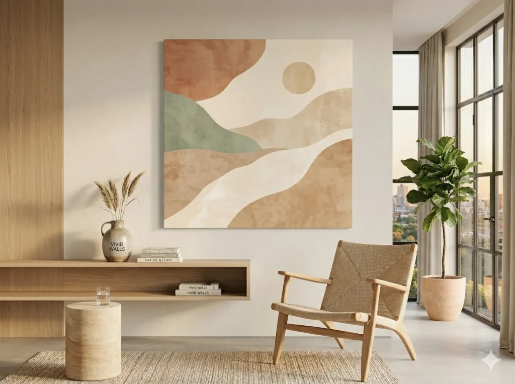 Neutral-toned square canvas print in a bright, minimal living room