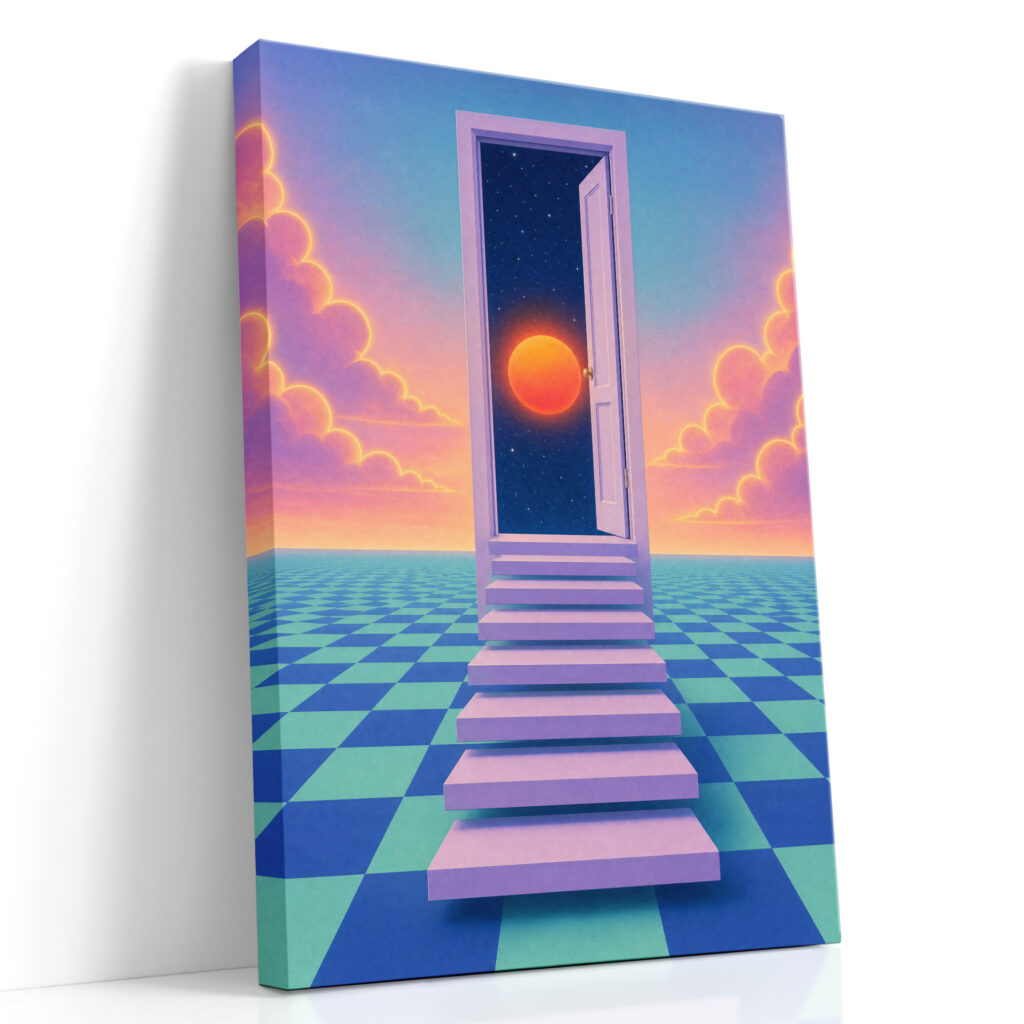 Open lila deur met een oranje zon in een sterrennacht, zwevende treden op een blauw met mintgroen dambord, dreamcore canvas print