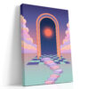 Coral double arch with a radiant sun in a starry sky and winding pink and lilac stairs, retro vaporwave canvas print