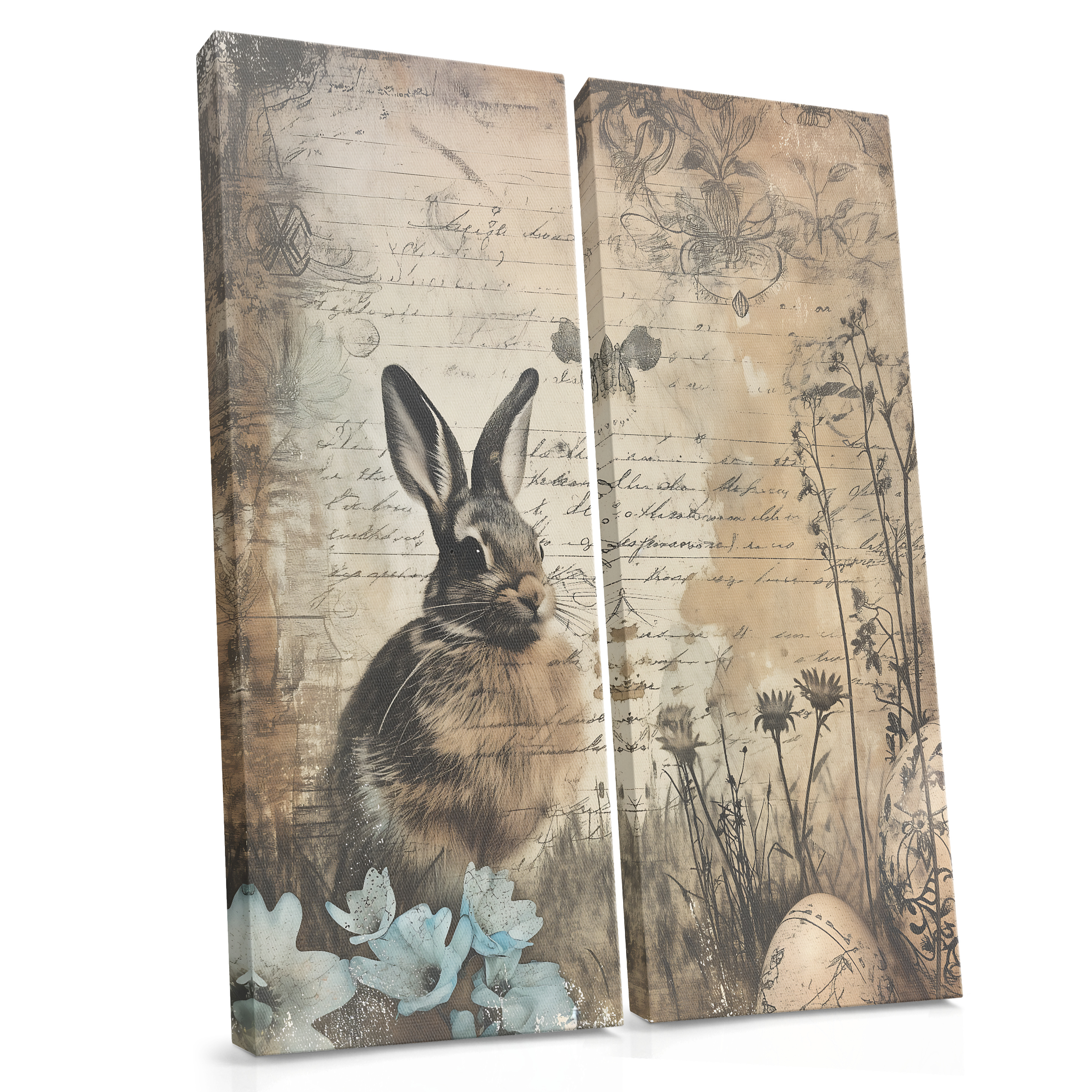Rabbit Among Faded Script - Vintage Animal Collage Canvas Print