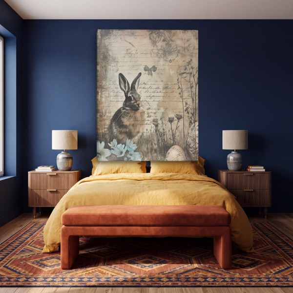 Rabbit Among Faded Script - Vintage Animal Collage Canvas Print - on the wall in a room interior