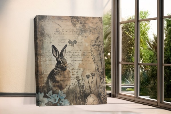 Rabbit Among Faded Script - Vintage Animal Collage Canvas Print - on the wall in a room interior