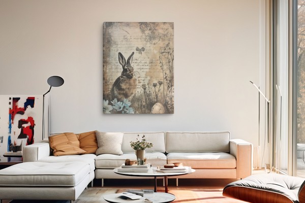Rabbit Among Faded Script - Vintage Animal Collage Canvas Print - on the wall in a room interior
