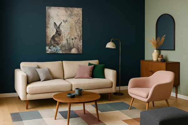 Rabbit Among Faded Script - Vintage Animal Collage Canvas Print - on the wall in a room interior