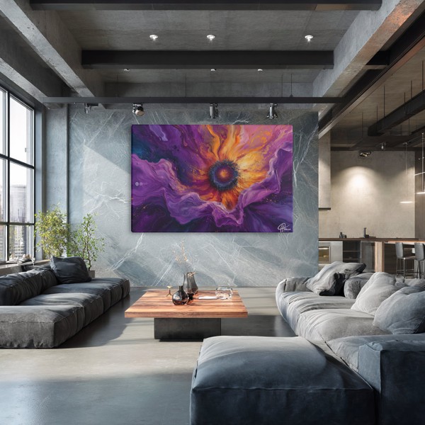 Violet Fold Radiance - Fluid Floral Abstract Canvas Print - on the wall in a room interior