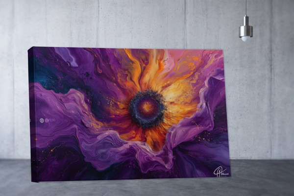 Violet Fold Radiance - Fluid Floral Abstract Canvas Print - on the wall in a room interior