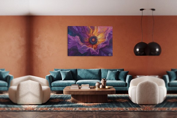 Violet Fold Radiance - Fluid Floral Abstract Canvas Print - on the wall in a room interior