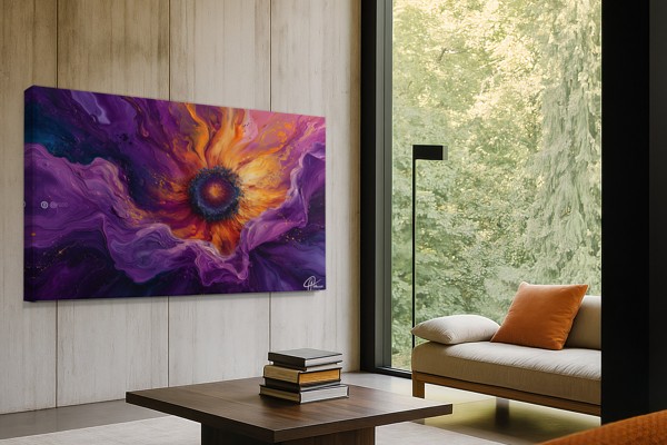 Violet Fold Radiance - Fluid Floral Abstract Canvas Print - on the wall in a room interior