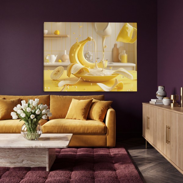 Banana Splash Kitchen - Surreal Still Life Canvas Print - on the wall in a room interior