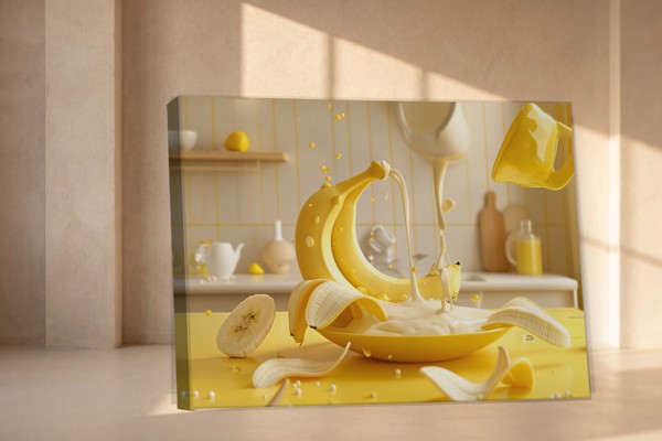 Banana Splash Kitchen - Surreal Still Life Canvas Print - on the wall in a room interior