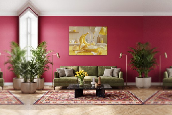 Banana Splash Kitchen - Surreal Still Life Canvas Print - on the wall in a room interior