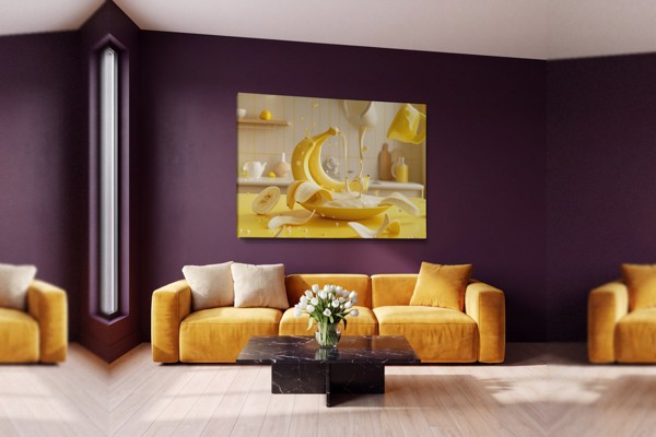 Banana Splash Kitchen - Surreal Still Life Canvas Print - on the wall in a room interior