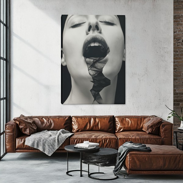 Suflu de Panglică Neagră - Tablou Canvas Portret Suprarealist - pe perete într-un interior