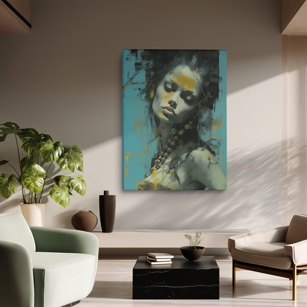 Ochre Across Her Brow - Abstract Woman Portrait Canvas Print - on the wall in a room interior