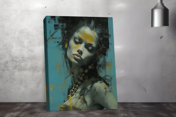 Ochre Across Her Brow - Abstract Woman Portrait Canvas Print - on the wall in a room interior