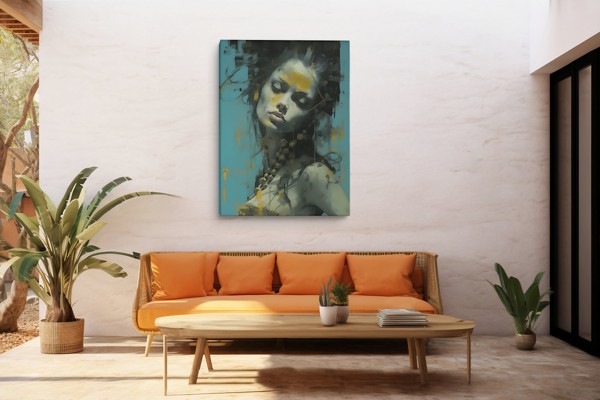 Ochre Across Her Brow - Abstract Woman Portrait Canvas Print - on the wall in a room interior