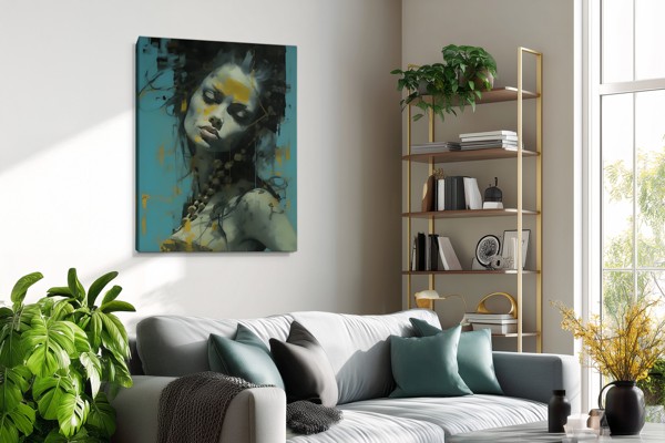Ochre Across Her Brow - Abstract Woman Portrait Canvas Print - on the wall in a room interior