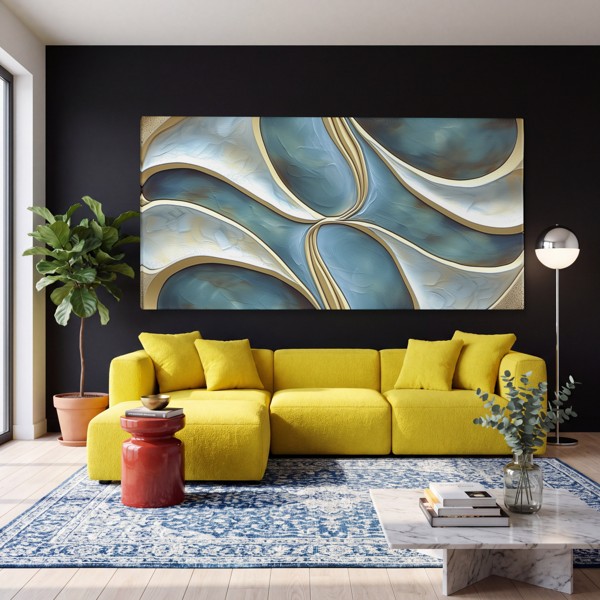 Golden Currents in Blue - Canvas Print - on the wall in a room interior