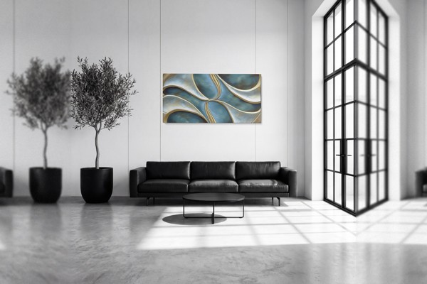 Golden Currents in Blue - Canvas Print - on the wall in a room interior
