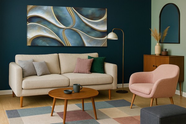 Golden Currents in Blue - Canvas Print - on the wall in a room interior