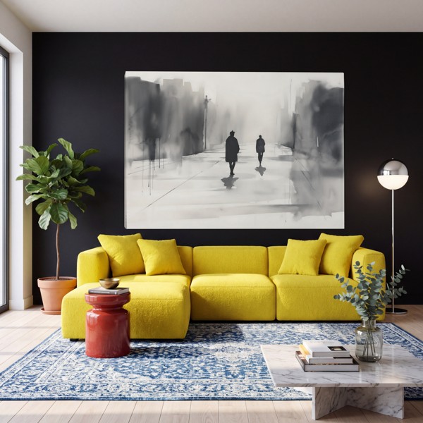 Zwei Spaziergänger in Grau - Stadtansicht in Aquarell Leinwanddruck - an der Wand in einem Raum