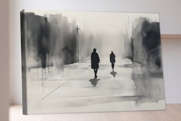 Zwei Spaziergänger in Grau - Stadtansicht in Aquarell Leinwanddruck - an der Wand in einem Raum