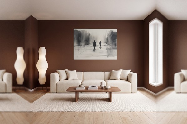 Zwei Spaziergänger in Grau - Stadtansicht in Aquarell Leinwanddruck - an der Wand in einem Raum
