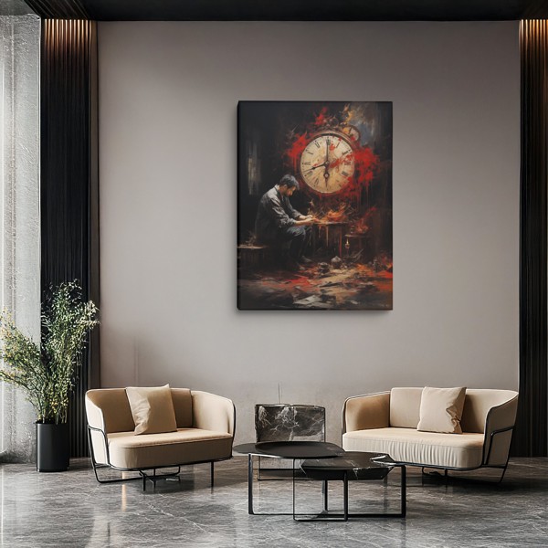 Pod šarlatovými hodinami - Surrealistická postava na plátně - na stěně v interiéru