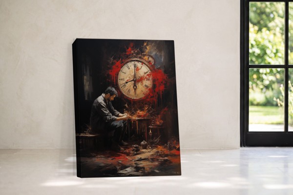 Pod šarlatovými hodinami - Surrealistická postava na plátně - na stěně v interiéru