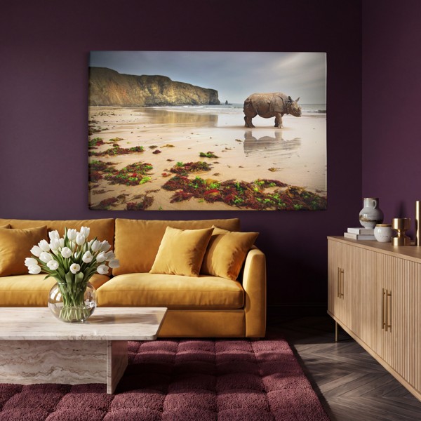 Neushoorn op zandstrand canvas print - aan de muur in een interieur