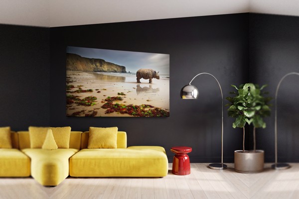 Neushoorn op zandstrand canvas print - aan de muur in een interieur