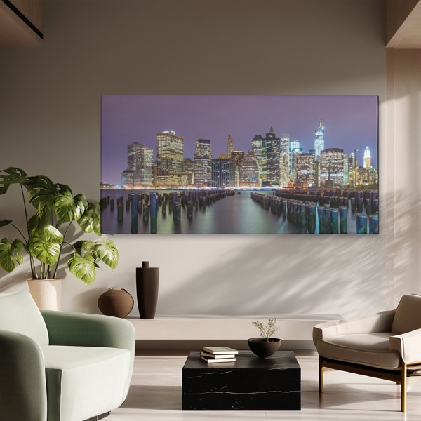 Toile Imprimée Skyline de Brooklyn au Coucher de Soleil - au mur dans un intérieur