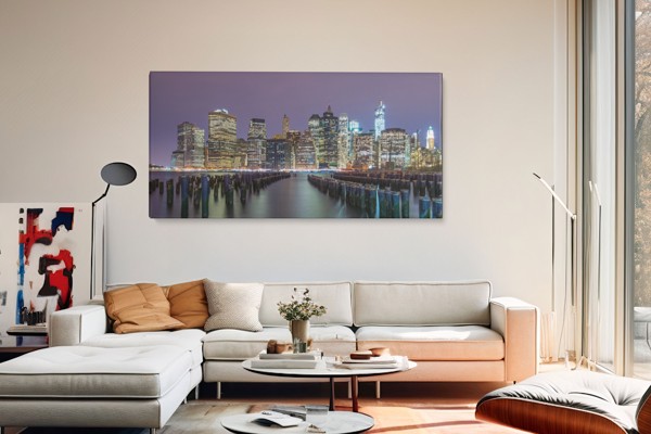 Toile Imprimée Skyline de Brooklyn au Coucher de Soleil - au mur dans un intérieur