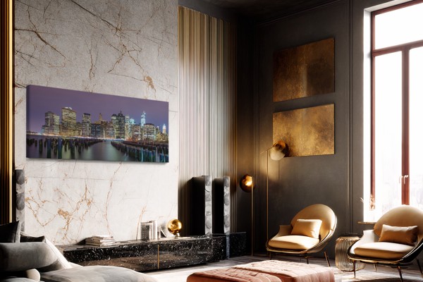 Toile Imprimée Skyline de Brooklyn au Coucher de Soleil - au mur dans un intérieur