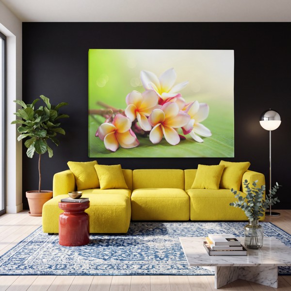 Bouquet de Fleurs Jaunes sur Toile Bleu Clair - au mur dans un intérieur