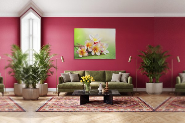Bouquet de Fleurs Jaunes sur Toile Bleu Clair - au mur dans un intérieur