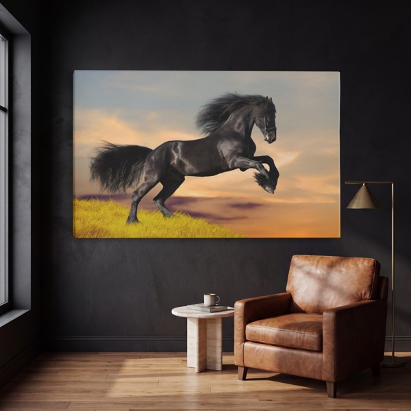 Zwart Mustang in Weide Canvas Print - aan de muur in een interieur