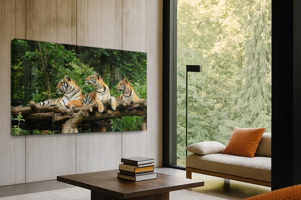 Three Tigers Resting Under Tree Canvas Print - on the wall in a room interior