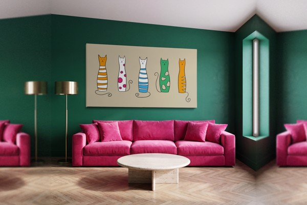 Retrato de Gato Dibujado en Lienzo - en la pared de un interior