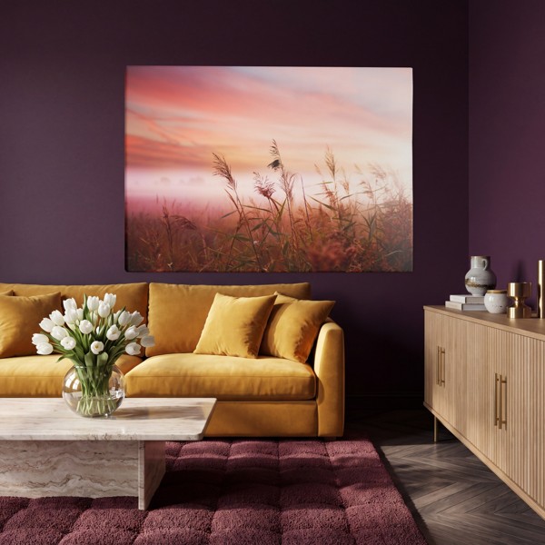 Tarweveld bij zonsondergang canvas print - aan de muur in een interieur