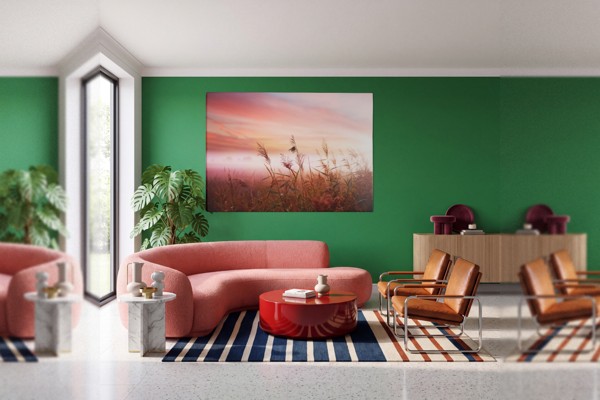 Tarweveld bij zonsondergang canvas print - aan de muur in een interieur