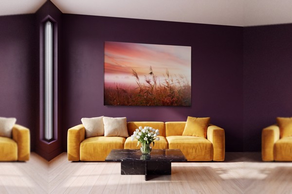 Tarweveld bij zonsondergang canvas print - aan de muur in een interieur